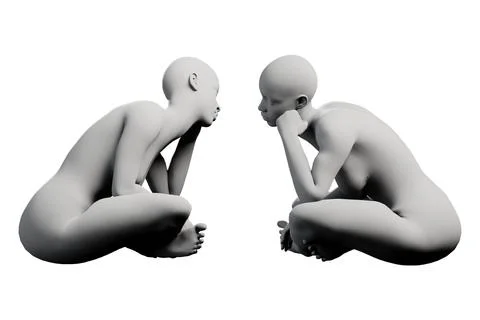 Figure model in crouching pose, contemplative, white studio Stock Illustration