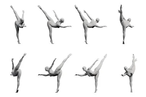 Figure model in dynamic balance poses on matte white background Stock Illustration
