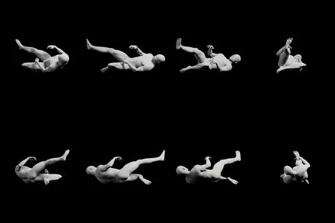 Figure model falling dramatic multiview collage black background Stock Illustration