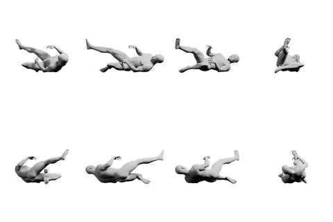 Figure model falling dramatic multiview collage white background Stock Illustration