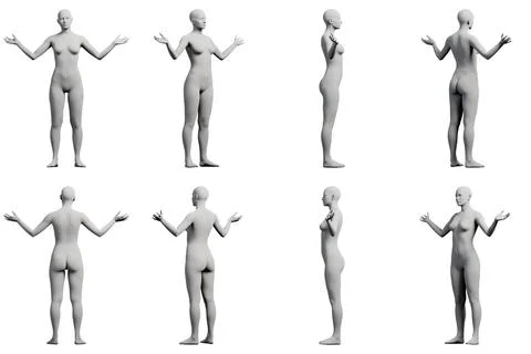 Figure model in gesturing pose, 8-view collage, white studio Stock Illustration