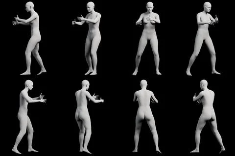 Figure model in gesturing poses on matte black background Stock Illustration