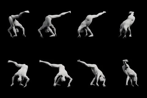 Figure model performing handstands in various poses against matte Illustrazione stock