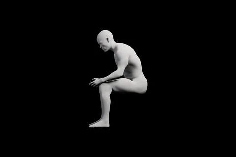 Figure model sitting contemplatively in matte black studio Stockillustratie