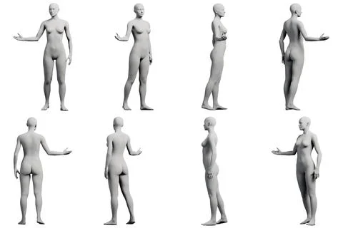 Figure model standing in 8-view collage Stock Illustration