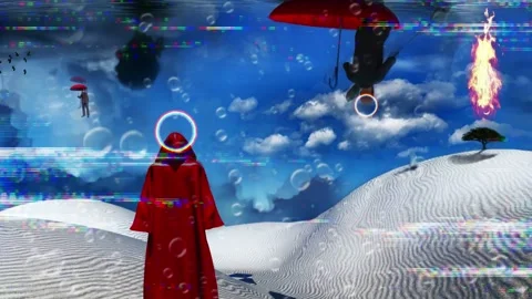 Figure in red cloak stands in desert. Man floats in red umbrella. Green tre.. Vídeos de archivo 246372292