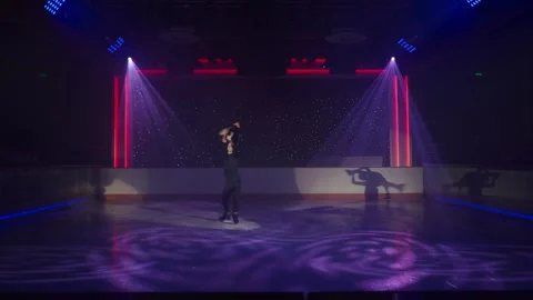 Figure skaters pair performs complex overhead lift, man holds woman parallel to Video stock 274994116