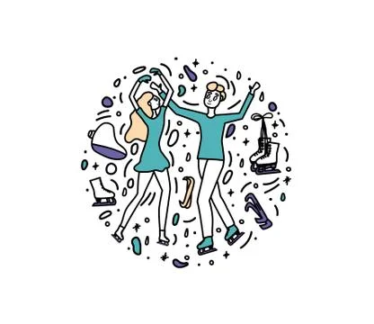 Figure skating concept. Round composition in doodle style with atletes and sp Stock-Illustration