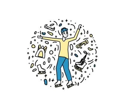Figure skating concept.  Round composition wit skater and sports equipment in Stock Illustration