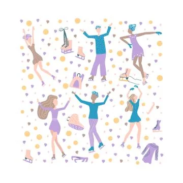 Figure skating concept. Square composition with skaters and decoration. Vecto Stock-Illustration