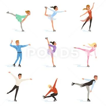 Figure skating set, professional athletes skating in motion on ice vector Stock Illustration