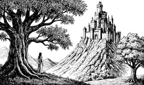 Figure stands under a large tree gazing at a majestic castle perched on a hil Illustrazione stock