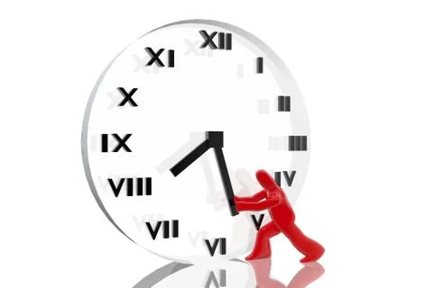 Figure trying to advance the time on a clock Stock Illustration
