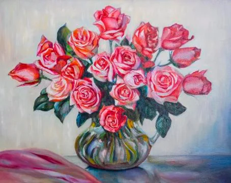 Figure vase with red roses on the table. Oil paints Stock Illustration