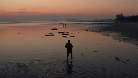 A figure walks through shallow water at dusk, silhouetted against a vibrant Stock Footage 309336696