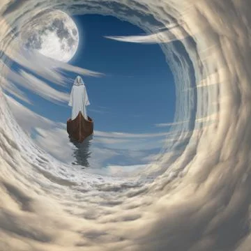 Figure in white robe floating to fulll moon in clouds イラスト素材