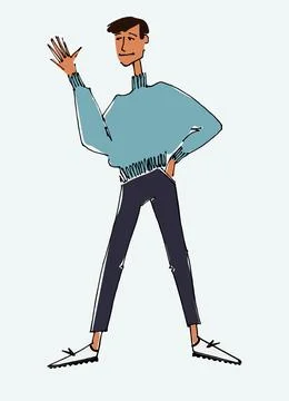 Figure of a young man waving. Flat style, isolated vector element Stock Illustration