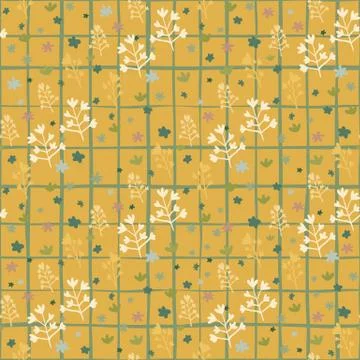 Figures of branches and flowers forest seamless pattern. Orange background wi Stock Illustration