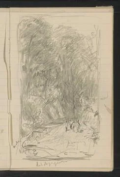Figures on a forest path. Page 11 from a sketchbook with 74 sheets. Copyri... Stock Photos