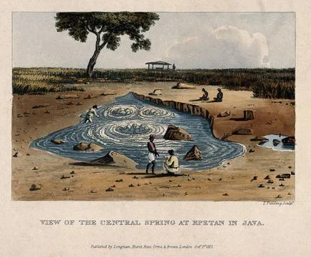 Figures gathered at the central spring, Epetan, Java. Coloured aquatint by .. Stock Illustration
