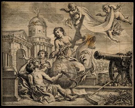 Figures with measuring instruments and a cannon; representing geometry and .. Stock Illustration