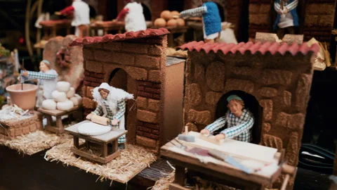 Figures from a mechanical nativity scene in Naples historic center Stock Footage 341564806