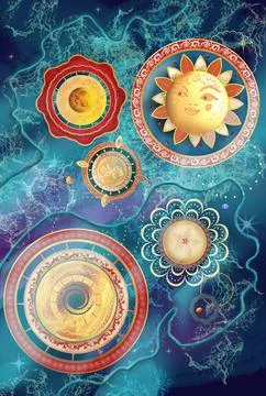 Figures with patterns in the Old Russian style are located on a dark cosmic Stock Illustration