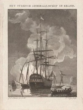 Figures in a sloop at a burning ship; The Turksch Admiral ship on fire. Fi... Stock Photos