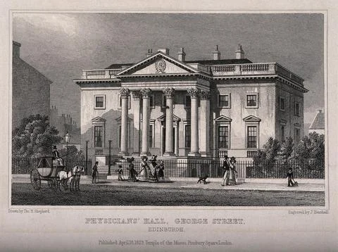 Figures strolling outside the Physicians Hall, Edinburgh, Scotland. Line en.. Stock Illustration