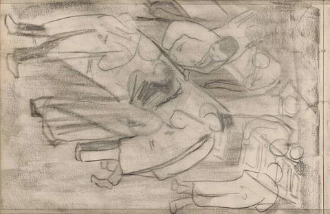 Figures studying objects on tables. Possibly an exhibition. Leaf 12 Verso ... Stock Photos