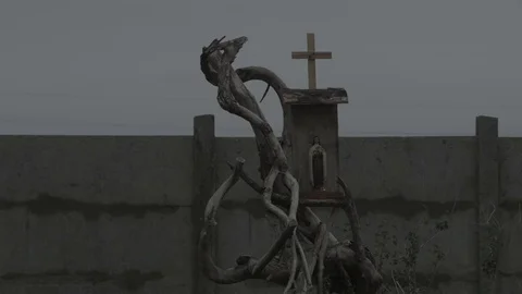 Figurine and cross on a dried tree Stock Footage 78139637