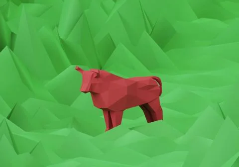 Figurine of a red low poly bull on polygonal green background Stock Illustration