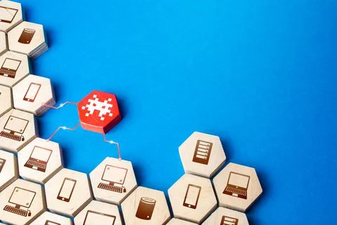 A figurine with a virus infects an array of communication devices. The threat Foto stock