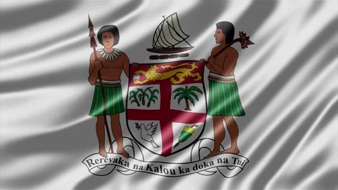 Fiji coat of arms emblem shown on a waving fabric background Stockbeeldmateriaal 343870766