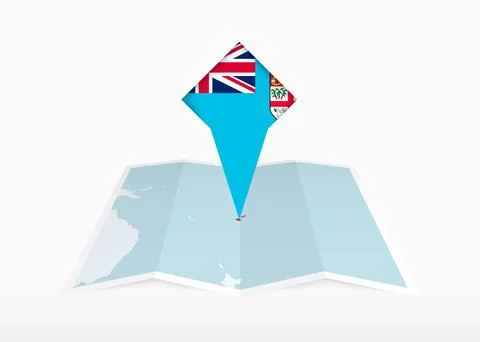 Fiji is depicted on a folded paper map and pinned location marker with flag.. Stock Illustration