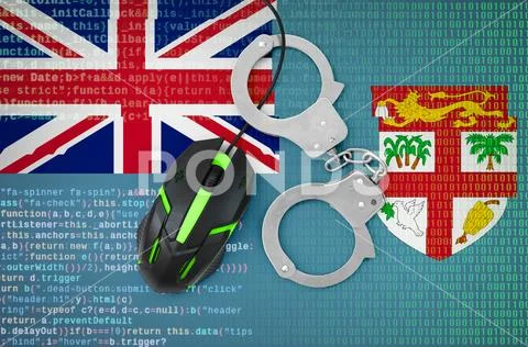 Fiji flag and handcuffed computer mouse. Combating computer crime, hackers a Stock Photos