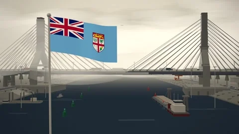 Fiji Flag Flying Over Cable Stayed Bridge River seamless loop Stock Footage 345860322