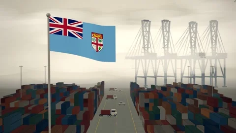 Fiji Flag Flying Over A Container Port Terminal In Morning Haze Vídeos de archivo 344408097