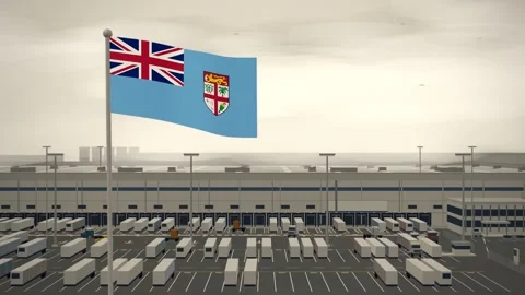 Fiji Flag Flying Over Logistics Warehouse Distribution Centre seamless loop Stock-Footage 345853587