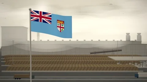 Fiji Flag Flying Over Paper Mill Log Yard seamless loop Stock Footage 345860323