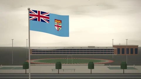 Fiji Flag Flying Over School Campus Running Track seamless loop Stock Footage 345860270
