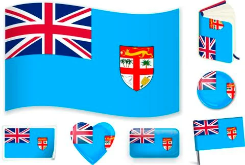 Fiji flag wave, book, circle, pin, button, heart and sticker. Stock Illustration