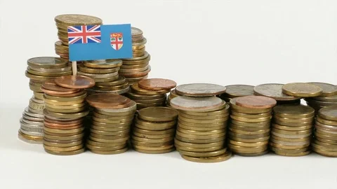 Fiji flag waving with stack of money coins Stock Footage 71928747