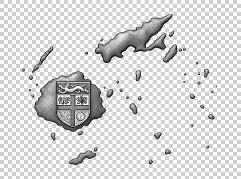 Fiji map artistic sketch featuring traditional national crest. Stock Illustration