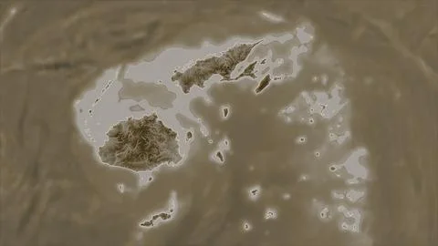 Fiji outlined on a elevation map colored in sepia tones with lakes and rivers Illustrazione stock