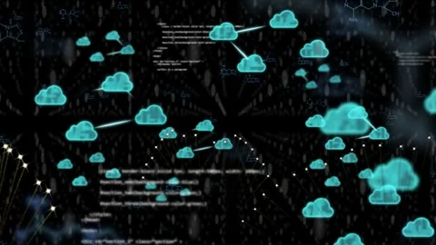 Filament cluster emerging, spawning turquoise clouds, linking star nodes, Stock Footage 335739545