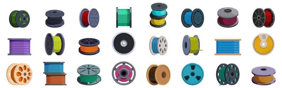 Filament spool icons set. Spools of electrical wire and cable in vibrant colo Stock Illustration