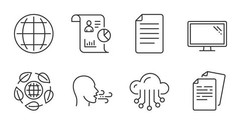 File, Breathing exercise and Eco organic icons set. Report, Documents and Cloud Stock Illustration