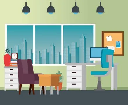 File cabinet with computer and desk with noteboard イラスト素材