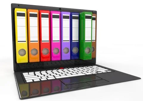 File in database. laptop with colored ring binders Stock Illustration